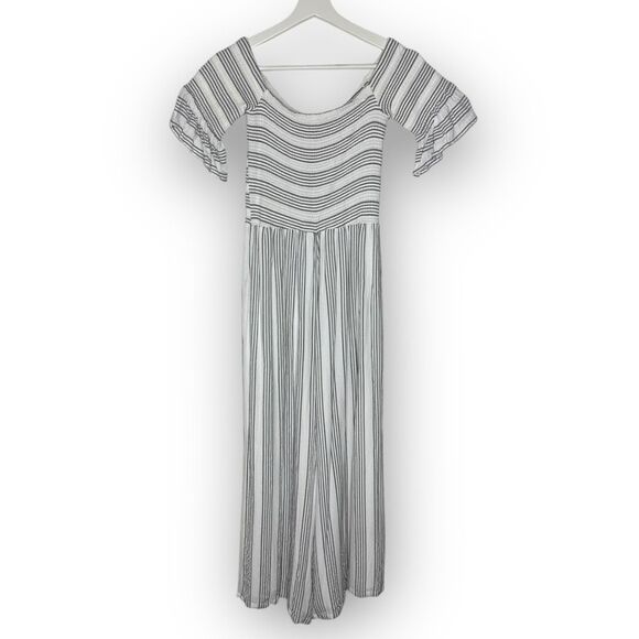 Anthropologie Ali & Jay Jumpsuit Romper Gray White Stripe Smocked Women’s Medium - Picture 3 of 12